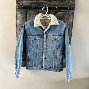 Vintage Sherpa Lined Orange Tab Levi's Snap Button Jean Jacket - Size Boys 18